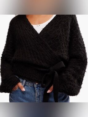 Free People Over You Black Wrap Cardigan with Tie Waist